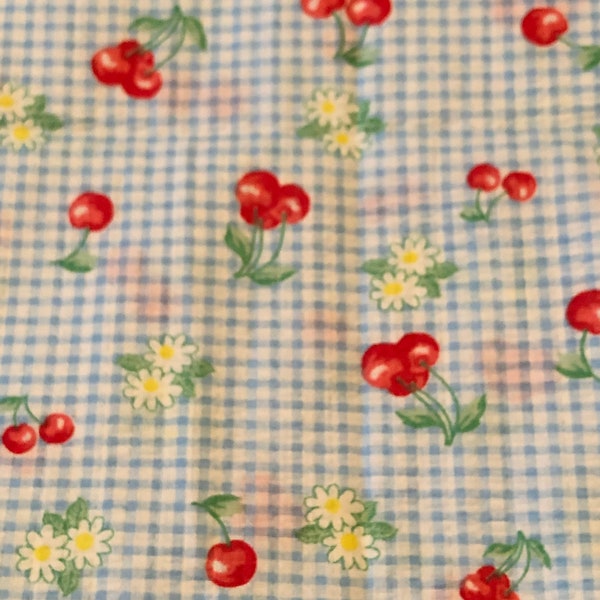 Free  Shipping Vintage  Gingham Cherries  and flowers Seersucker  Fabric 1/2 Yard 44x18”