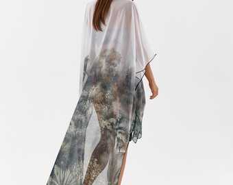 Beach Cover Up and Skirt Set – Tan Through Pencil Skirt with Slit + Poncho Style Swimsuit Cover Up – Women’s Summer Outfit
