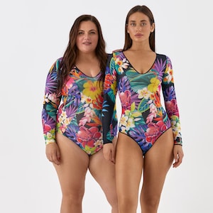 Floral Long Sleeve One Piece Swimsuit: Modest Plus Size Swimwear