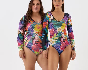 Floraler Langarm-Badeanzug: Modest Plus Size Bademode