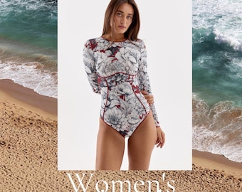 Floral One Piece Swimsuit: Figure Shaping Long Sleeve Surfing Swimwear