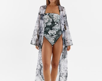 Sexy One Piece Swimsuit with Adjustable Sides & Long Mesh Kimono Cover Up | Women’s Bathing Suit Set | Beachwear | Vacation Outfit