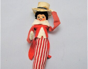 Vintage BAPS Doll Puppet. Circus Ring Master in Striped Pant, Red Jacket. Tips His Hat. Measure 5 Inches Plus the Metal Wire Support.  (BB)