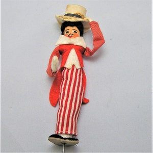 Vintage BAPS Doll Puppet. Circus Ring Master in Striped Pant, Red Jacket. Tips His Hat. Measure 5 Inches Plus the Metal Wire Support. BB image 1