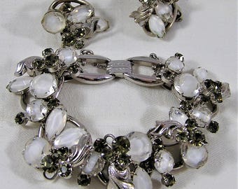 Vintage Juliana D & E Bracelet Earring Set of White Givre Navettes and Round Glass Stones and Round Smoky Rhinestones for the Bride. (D27)