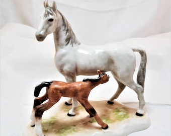 Vintage W. Goebel Horse and Foal Figurine. Porcelain Mare and Nursing Baby. Detailed Horse and Colt or Filly Statuette Made in W. Germany.