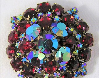 Vintage Large Red Rhinestone Dome Brooch. Some Stones are Red Aurora Borealis and All Are Prong Set. It is 2 1/4 Inches in Diameter  (D27)