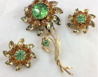 Vintage Amber Rhinestone /& White Matching Brooch and Earrings Set