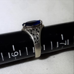 Vintage Silver Solitaire Ring with Blue Stone in Size 8. It Looks Like Sterling But is Unmarked. The Setting Has a Lacey Open Design. D33 image 4