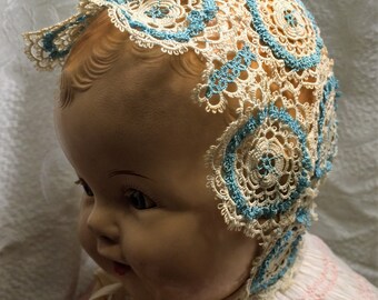 Vintage Hand Crocheted Lace Baby Bonnet in Blue and Cream. Handmade, Delicate, and Beautiful Bonnet for Newborn Infant