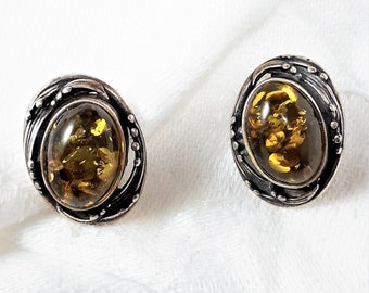 Vintage Sterling Silver and Green/Gold Earrings for Pierced Ears. They are Marked 925 on the Clutch and Measure 3/4 of an Inch Long.  (D37)