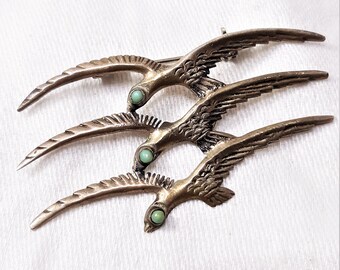 Vintage 865 Silver and Turquoise Brooch with 3 Birds Made in Mexico. The Seagull Brooch Measures 2 1/2 Inches Wide. Maker Mark on Back (D36)