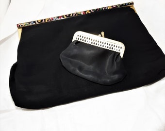 Vintage Black Purse with Embroidered Frame and Coin Purse.  Purse Has a Chain Handle That Can Be Used or Tucked Inside for Use as a Clutch.