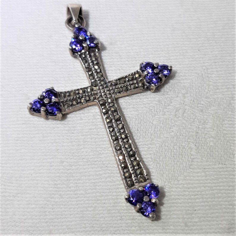 Vintage Sterling Silver Cross Pendant with Amethyst and Marcasite Stones D33 It is a Large 2 34 Inches Including the Bale Marked 925