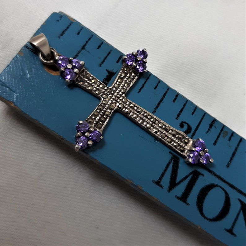Vintage Sterling Silver Cross Pendant with Amethyst and Marcasite Stones D33 It is a Large 2 34 Inches Including the Bale Marked 925