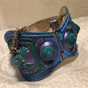 Vintage Blue and Green Spiked Bracelet in Bohemian Kuchi Afghan Belly Dancing Style It Is Hinged Has Safety Chain and Wonderful Design D9 image 1