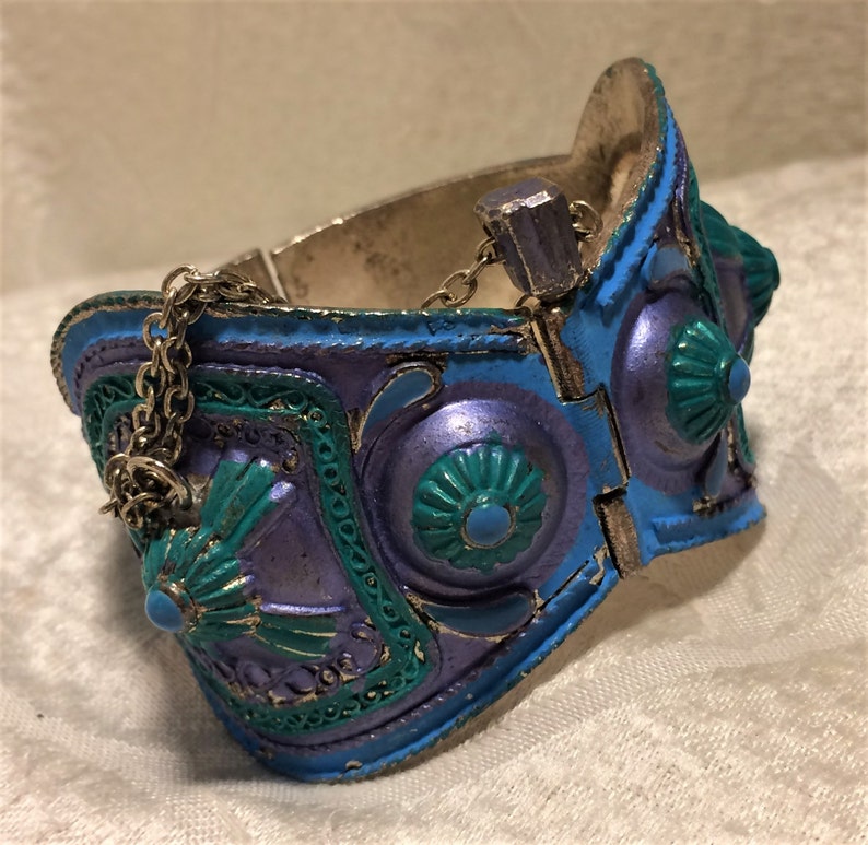 Vintage Blue and Green Spiked Bracelet in Bohemian Kuchi Afghan Belly Dancing Style It Is Hinged Has Safety Chain and Wonderful Design D9 image 1