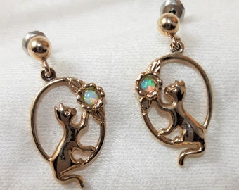 Vintage Cat and Opal Earrings for Pierced Ears. Tiny Opal is in a Flower Design. They Measure About an Inch. Illegible Mark on Back. (D20)