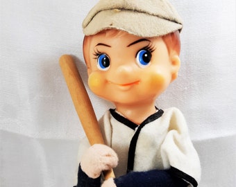 Vintage TKR Fancy Doll Poseable Baseball Player Made in Japan. The Batter Measures  About 12 Inches Tall and Has a Cute Christmas Elf Face.