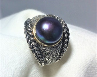Vintage Size 8 1/4 Ring of Sterling Silver, 14K Gold, Tahitian Pearl, and Diamonds. Made by T&C, Town and Country. Big Statement Ring. (D30)