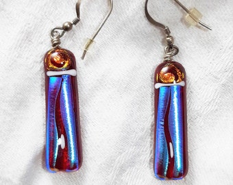 Vintage Sterling and Iridescent Art Glass Earrings with Red, Blue, and Gold Glass Drops. They Measure About 2 1/8 Inches Long. (D35)