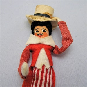 Vintage BAPS Doll Puppet. Circus Ring Master in Striped Pant, Red Jacket. Tips His Hat. Measure 5 Inches Plus the Metal Wire Support. BB image 5