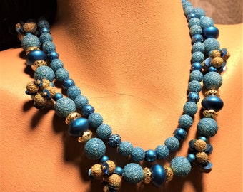 Vintage Madmen Double Strand 19 Inch Sugar Bead Necklace in Shades of Blue and Gold and Made in Japan Beautiful Wedding or Prom Jewelry (D9)