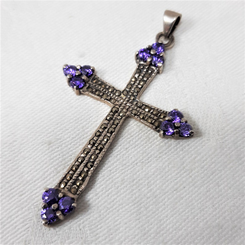 Vintage Sterling Silver Cross Pendant with Amethyst and Marcasite Stones D33 It is a Large 2 34 Inches Including the Bale Marked 925
