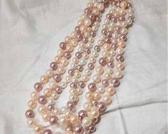 Vintage 72 Inch Flapper Style Faux Pearl Necklace with Two Bead Sizes in Shades of Mauve Pink and White. Knotted Between the Pearls. (Beads)