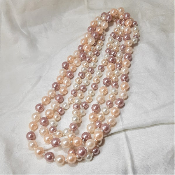 Vintage 72 Inch Flapper Style Faux Pearl Necklace with Two Bead Sizes in Shades of Mauve Pink and White. Knotted Between the Pearls. (Beads)