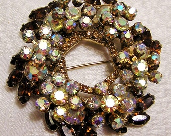 Vintage Juliana D&E Aurora Borealis and Brown Rhinestone Two Tiered Brooch. Large Size. (J34)