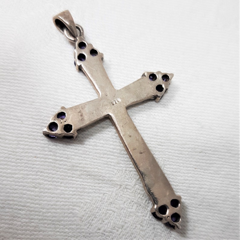 Vintage Sterling Silver Cross Pendant with Amethyst and Marcasite Stones D33 It is a Large 2 34 Inches Including the Bale Marked 925