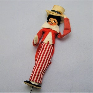 Vintage BAPS Doll Puppet. Circus Ring Master in Striped Pant, Red Jacket. Tips His Hat. Measure 5 Inches Plus the Metal Wire Support. BB image 3