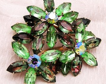 Vintage Rhinestone Brooch in Green and Watermelon. Large Size. B1