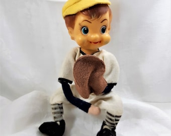 Vintage TKR Fancy Doll Poseable Baseball Player Made in Japan. The Catcher Measures  About 12 Inches Tall and Has a Cute Christmas Elf Face.