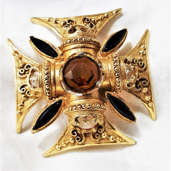 Vintage Florenza  Maltese Cross Brooch with Large Topaz Colored Central Stone and 4 Black Navette Stones. It Measures  2 1/4 Inches. (D19)