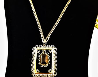 Vintage Huge Topaz Pendant Necklace with Mesh and Clear Rhinestone Chain. Rectangular Pendant is 2 1/4 Inches, Framed with Scroll Work. (D2)