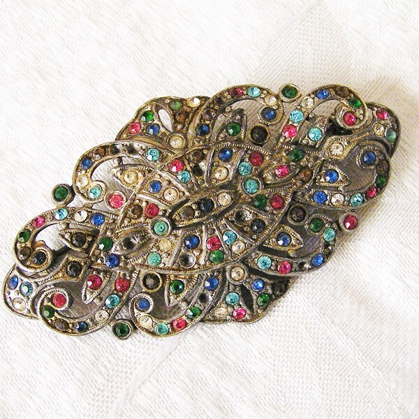 Vintage Multi Colored Stone Brooch. Art Deco Brooch with Pot Metal Setting Just Under 3 Inches Long by 1 1/2 Inches Wide Illegible Mark (D4)