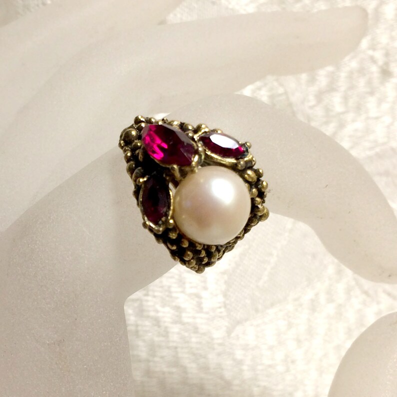 Vintage Adjustable Costume Ring with Large Faux Pearl and 3 Etsy