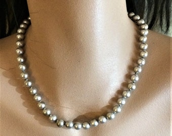 Vintage Silverish Faux Pearl Necklace by Monet. 17 Inch Beaded Choker Necklace is Knotted Between Each Bead for Security. Like new. (D30)