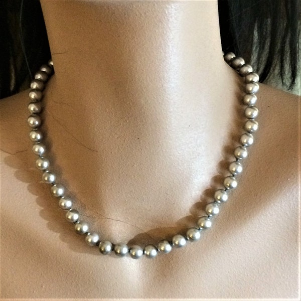 Vintage Silverish Faux Pearl Necklace by Monet. 17 Inch Beaded Choker Necklace is Knotted Between Each Bead for Security. Like new. (D30)