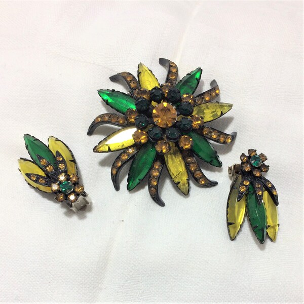 Vintage Selro Selini Brooch, Clip Earring Set with Green, Orange, Yellow Stones Set in Japanned Metal. Long Navette and Round Stones. (D29)