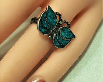 Vintage Silver Butterfly Ring with Turquoise Chip Inlay. Size 6 and an Inch Wide. Unmarked Metal But Tests as Sterling. Sweet Ring. (D28)