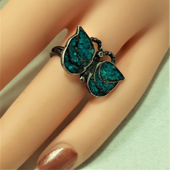 Vintage Silver Butterfly Ring With Turquoise Chip Inlay. Size 6