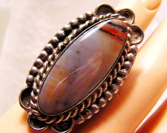 Vintage Old Pawn Navajo Huge Sterling Ring with Agate or Petrified Wood Stone Pre 1940s Native American RIng (D32)