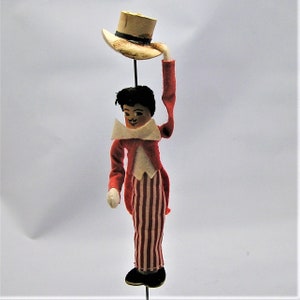 Vintage BAPS Doll Puppet. Circus Ring Master in Striped Pant, Red Jacket. Tips His Hat. Measure 5 Inches Plus the Metal Wire Support. BB image 2