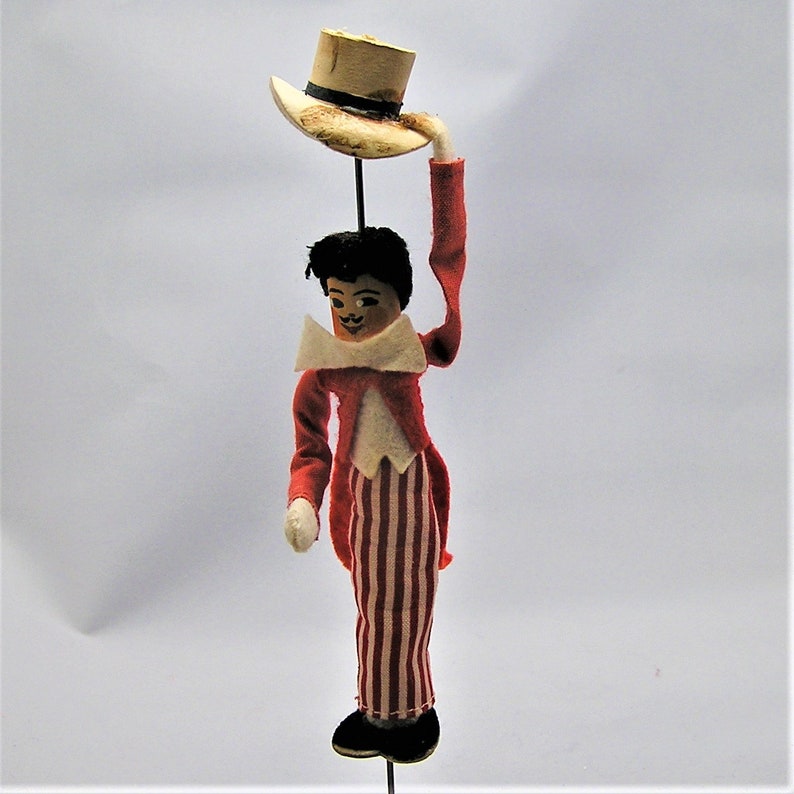 Vintage BAPS Doll Puppet. Circus Ring Master in Striped Pant, Red Jacket. Tips His Hat. Measure 5 Inches Plus the Metal Wire Support. BB image 2