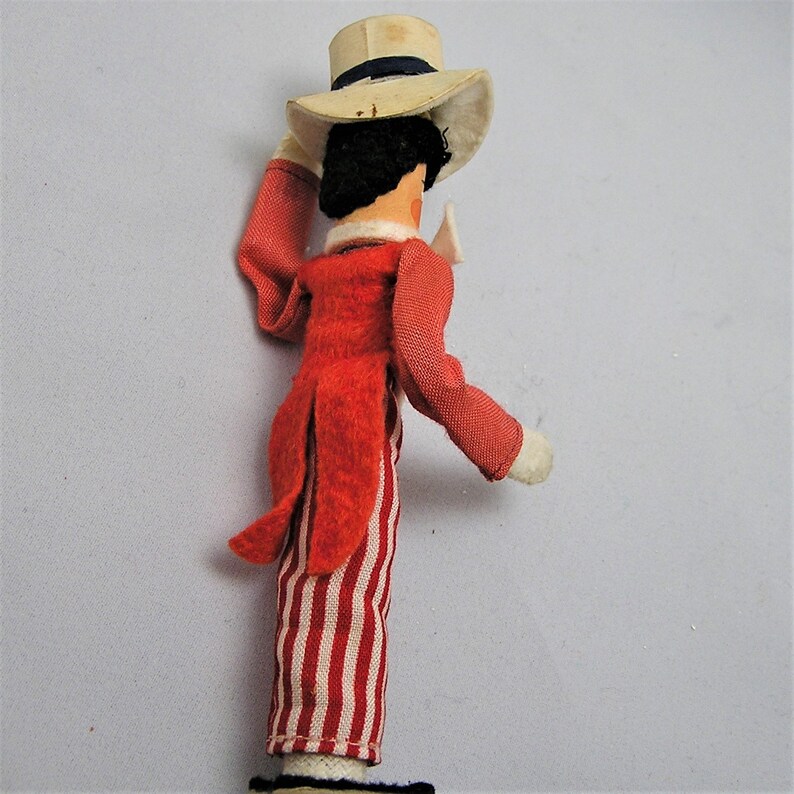 Vintage BAPS Doll Puppet. Circus Ring Master in Striped Pant, Red Jacket. Tips His Hat. Measure 5 Inches Plus the Metal Wire Support. BB image 4