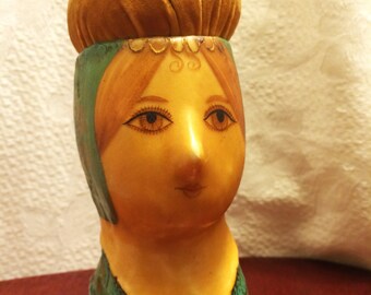 Vintage 1960's Gemma Taccogna Paper Mache Pin Cushion Doll Signed Mid Century Folk Art Doll in Turquoise and Camel 7 Inches Tall Mexico Made