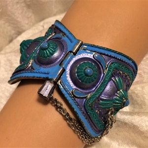 Vintage Blue and Green Spiked Bracelet in Bohemian Kuchi Afghan Belly Dancing Style It Is Hinged Has Safety Chain and Wonderful Design D9 image 2